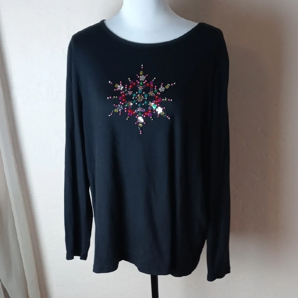 CJ Banks Black Holiday Embellished Women's Top